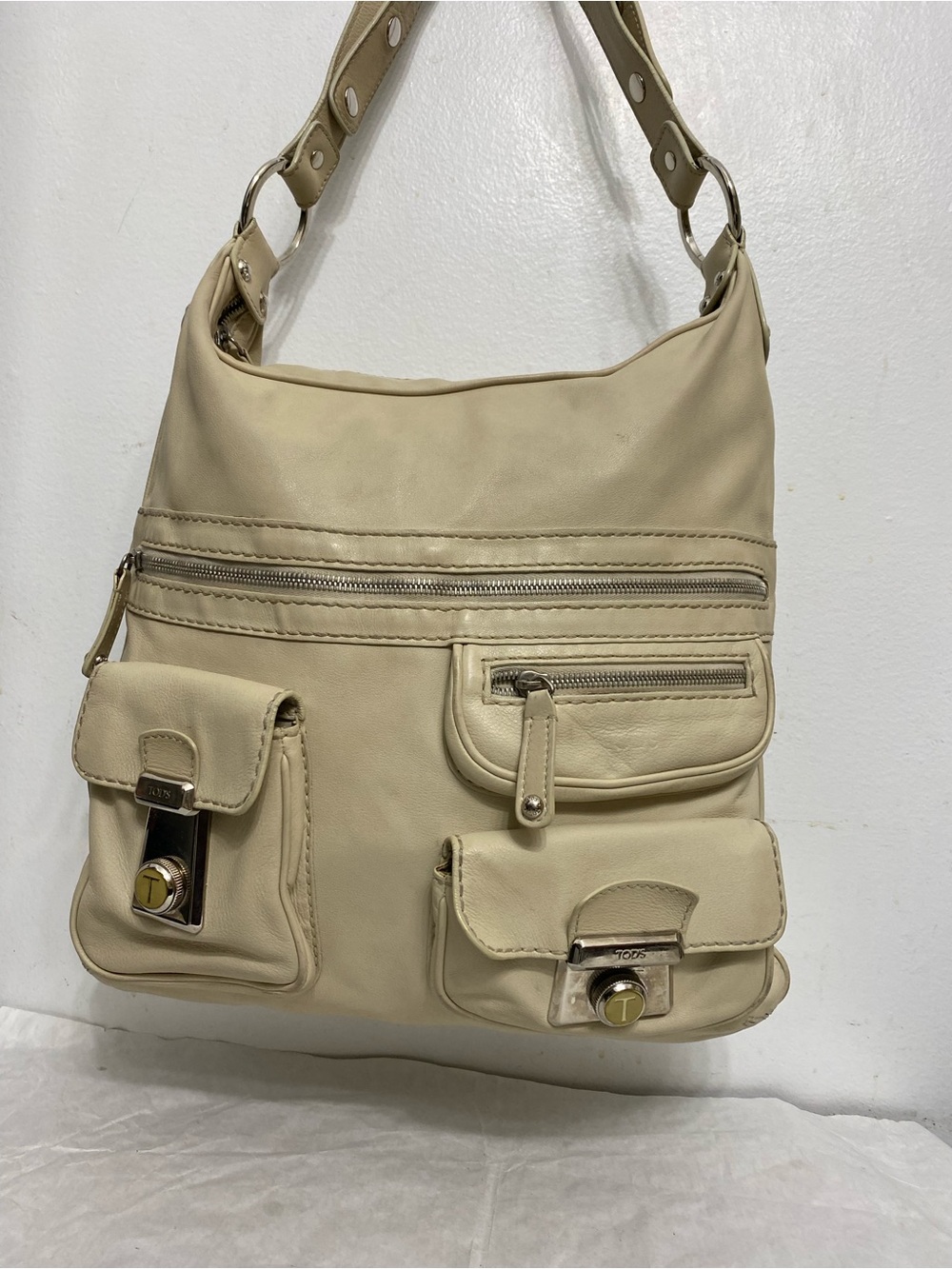 Tod's Cream Leather Multi-Pocket Shoulder Bag size 14x14 made in Italy
